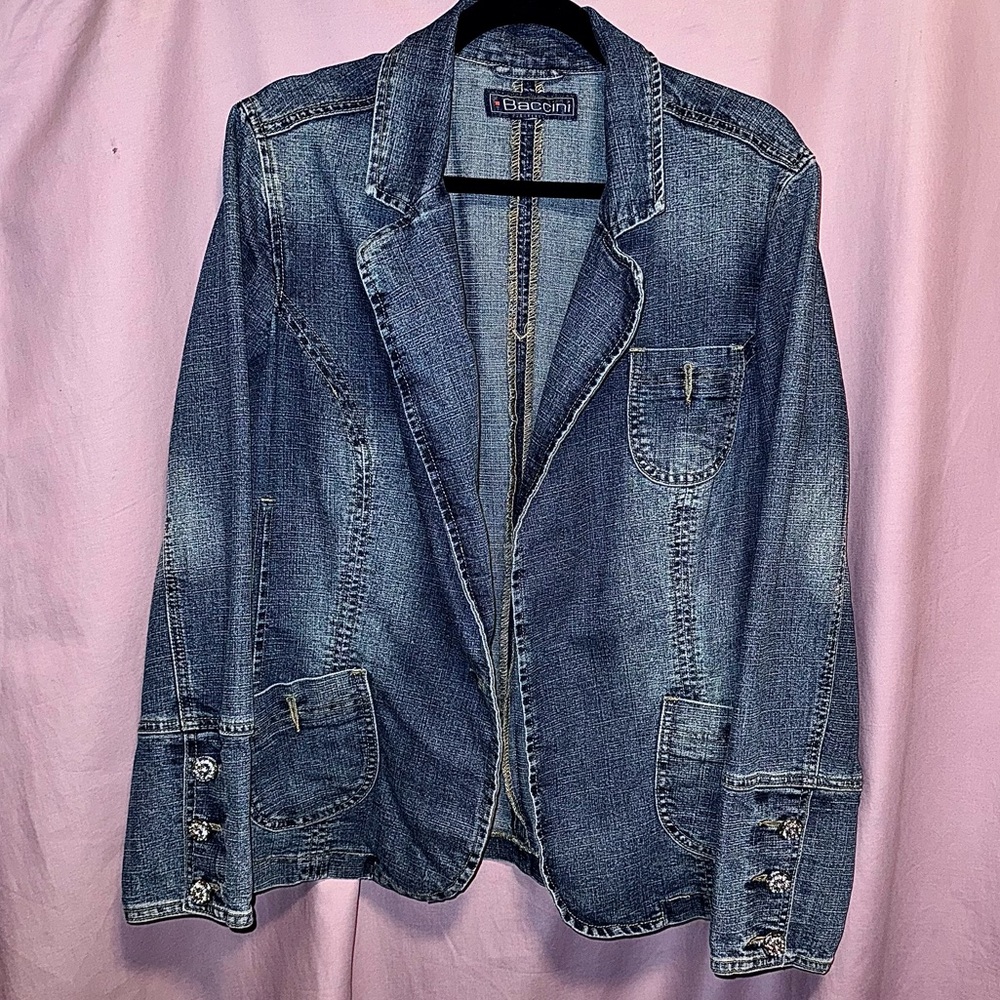 Baccini Classic Stretch Denim Jacket w/ Flower Rhinestone Buttons (XL)